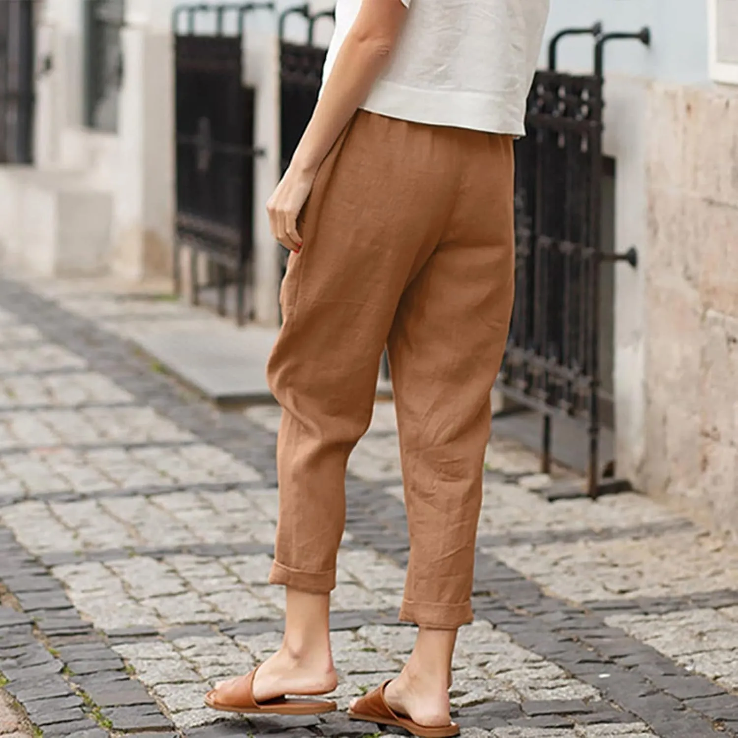 Women's Linen Summer Baggy Pant Trousers Elastic Waisted Wide Leg Loose Fit Trousers Vacation