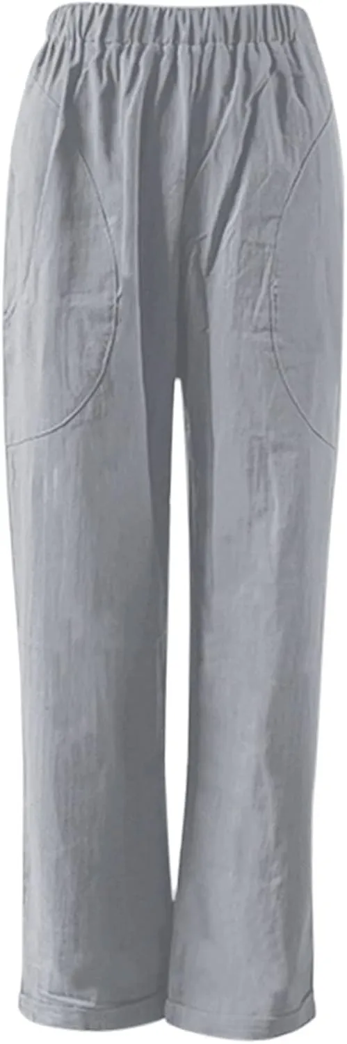 Women's Linen Summer Baggy Pant Trousers Elastic Waisted Wide Leg Loose Fit Trousers Vacation
