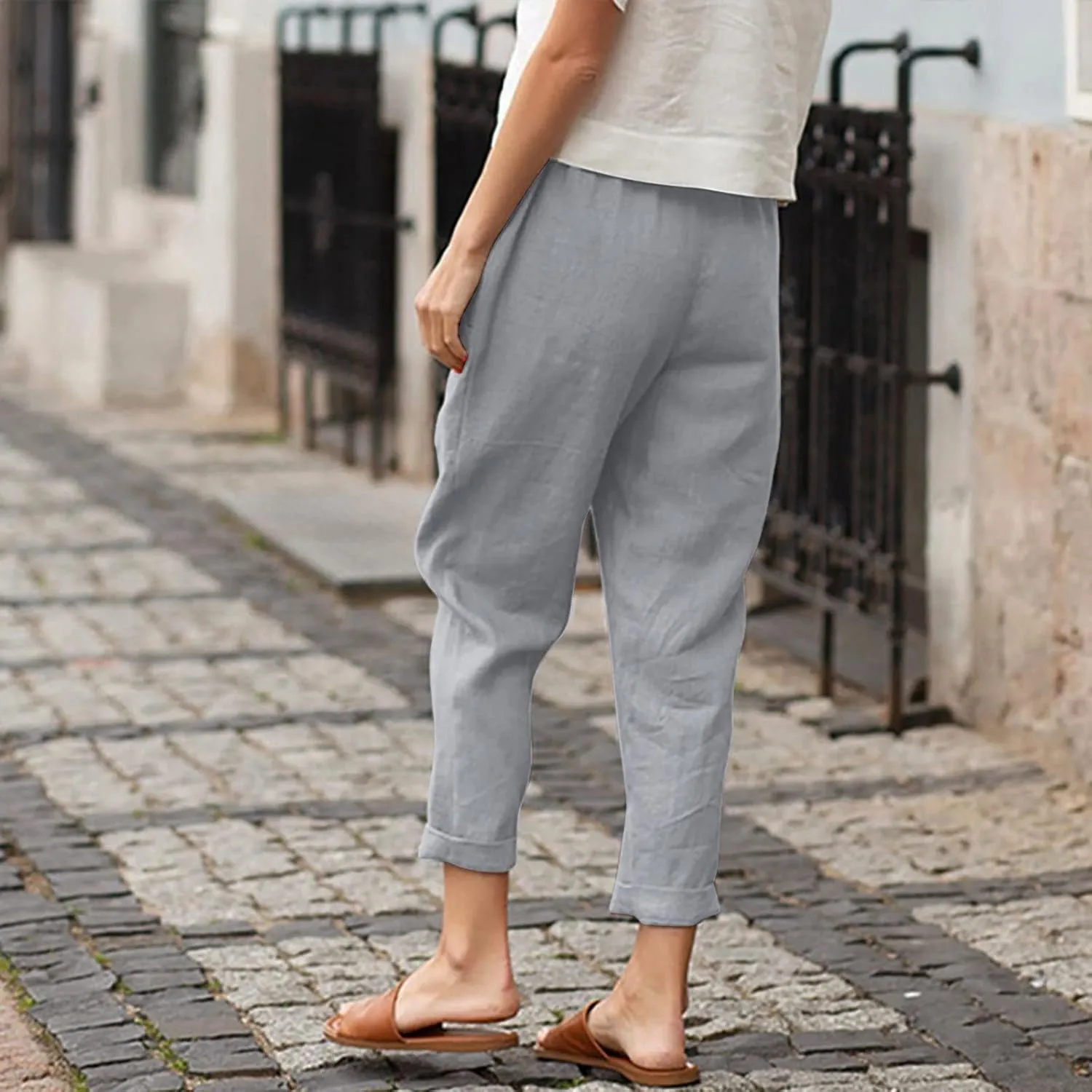 Women's Linen Summer Baggy Pant Trousers Elastic Waisted Wide Leg Loose Fit Trousers Vacation