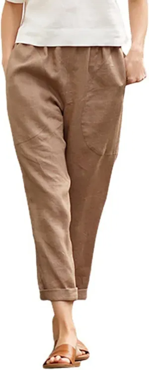 Women's Linen Summer Baggy Pant Trousers Elastic Waisted Wide Leg Loose Fit Trousers Vacation