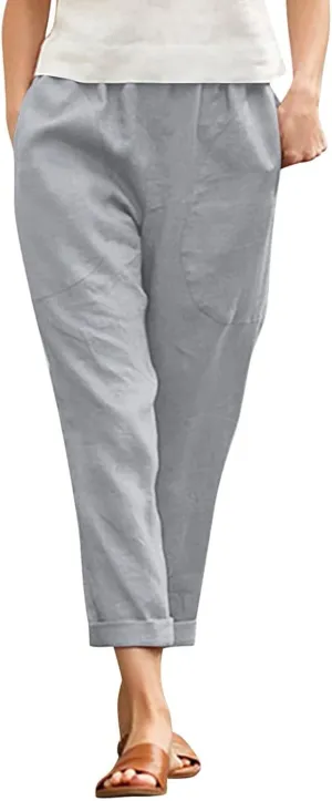 Women's Linen Summer Baggy Pant Trousers Elastic Waisted Wide Leg Loose Fit Trousers Vacation