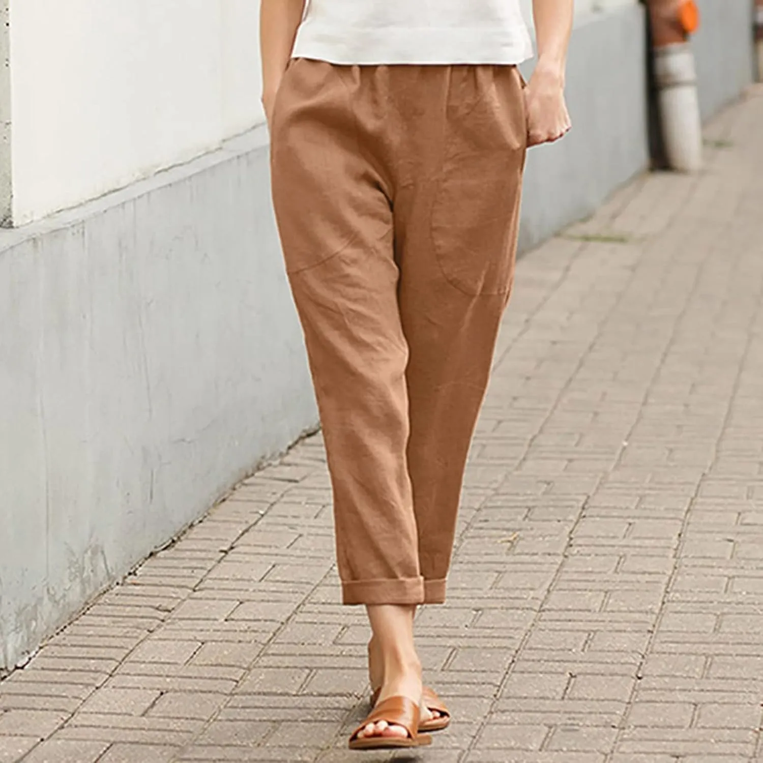 Women's Linen Summer Baggy Pant Trousers Elastic Waisted Wide Leg Loose Fit Trousers Vacation